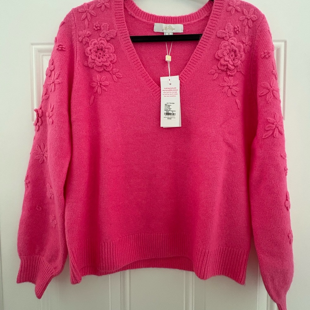 Lilly Pulitzer Vibrant Pink Garden Party Floral V-Neck Sweater